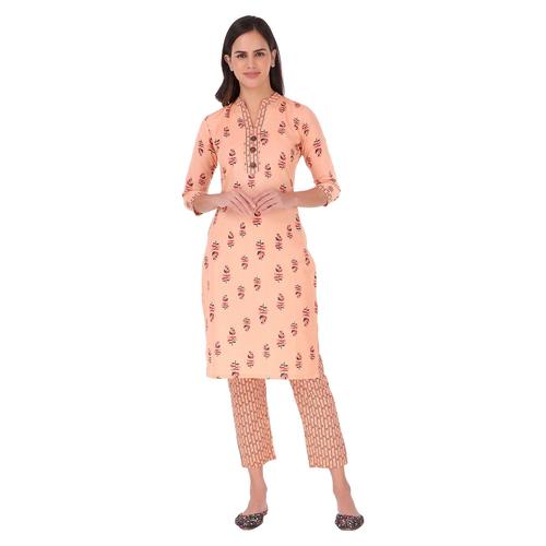 Cotton Printed Collar Kurta Set With Pant (Peach)