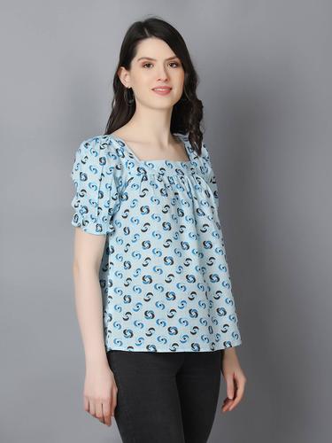 Summer Cotton Top With Puffed Sleeves. (Sky Blue)