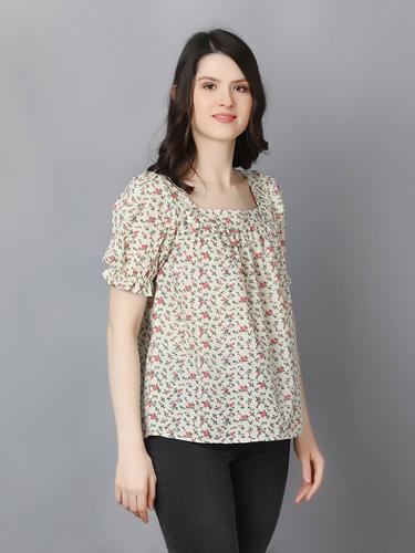 Summer Cotton Top With Puffed Sleeves. (Cream)