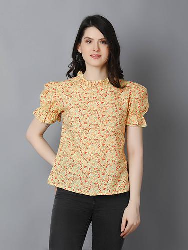 Printed Floral Cotton Ruffle Sleeve Summer Top (Lemon Floral)