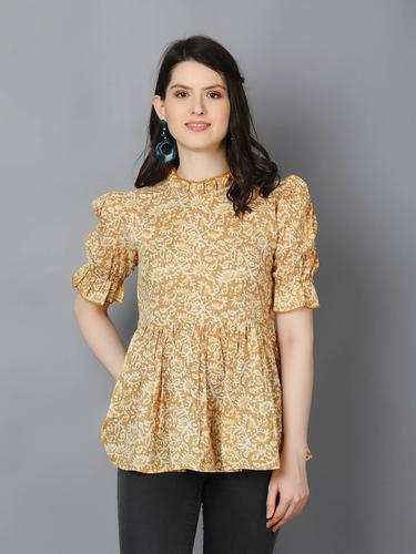 Cotton Printed Ruffled Neck Flared Short Kurti. (Mustard)