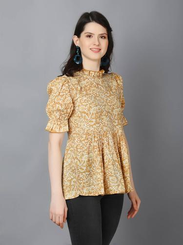 Cotton Printed Ruffled Neck Flared Short Kurti. (Mustard)