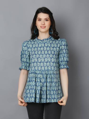 Cotton Printed Ruffled Neck Flared Short Kurti. (Blue)