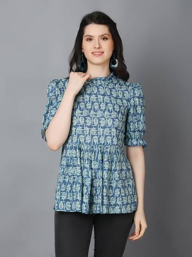 Cotton Printed Ruffled Neck Flared Short Kurti. (Blue)