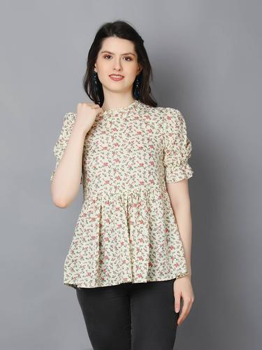 Cotton Printed Ruffled Neck Flared Short Kurti. (Cream)