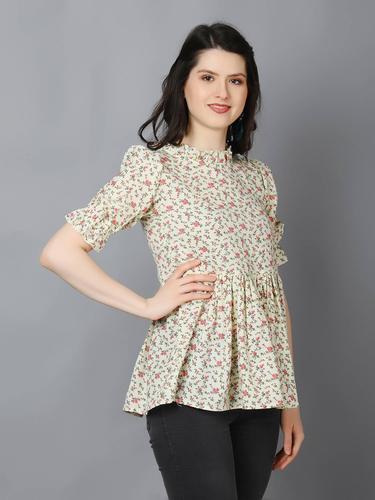 Cotton Printed Ruffled Neck Flared Short Kurti. (Cream)