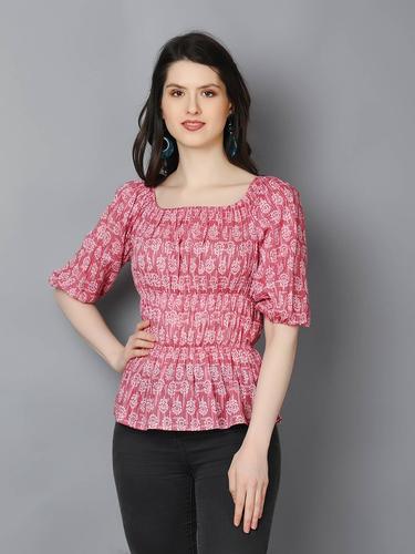 Cotton Balloon Sleeved Peplum Top. (Pink)