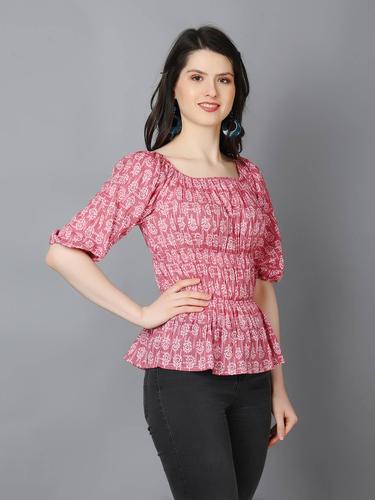 Cotton Balloon Sleeved Peplum Top. (Pink)