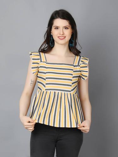 Striped Cotton Cap Sleeve Peplum Top. (Mustard)