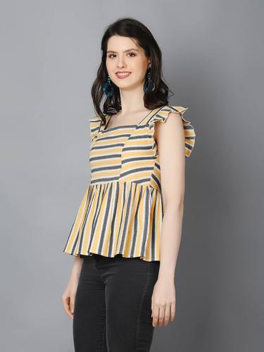 Striped Cotton Cap Sleeve Peplum Top. (Mustard)