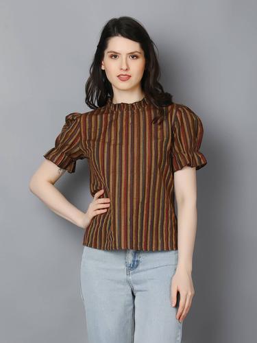 Striped Cotton Ruffle Sleeve Top (Brown)