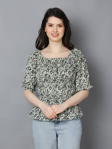 Cotton Balloon Sleeved Peplum Top. (Grey)