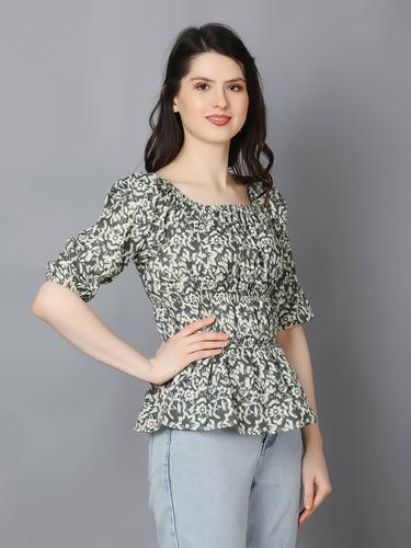 Cotton Balloon Sleeved Peplum Top. (Grey)