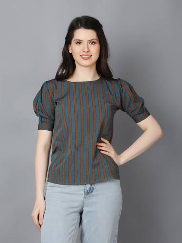 Striped Cotton Cuffed Sleeve Top. (Blue)