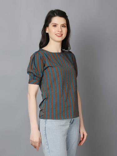 Striped Cotton Cuffed Sleeve Top. (Blue)