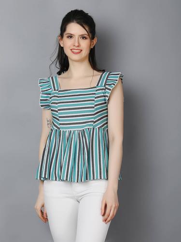 Striped Cotton Cap Sleeve Peplum Top. (Turquoise)