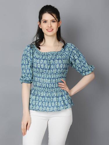 Cotton Balloon Sleeved Peplum Top. (Blue)