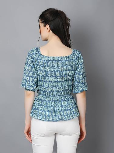 Cotton Balloon Sleeved Peplum Top. (Blue)