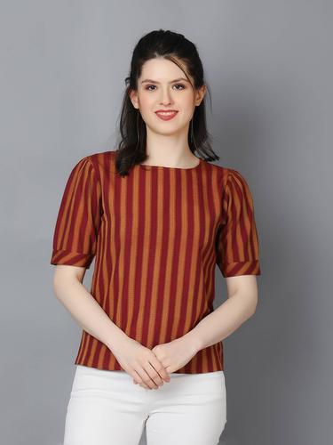 Striped Cotton Cuffed Sleeve Top. (Wine)