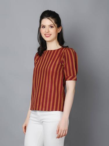 Striped Cotton Cuffed Sleeve Top. (Wine)