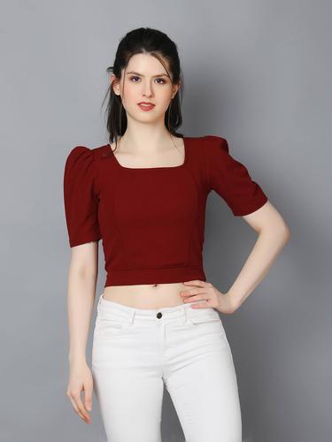 Stylish Casual Crop Top With Puffed Sleeves (Maroon)