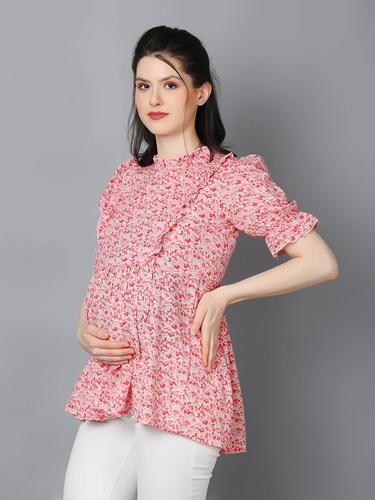 Maternity Feeding Top With Ruffled Neck And Puffed Sleeves. (Pink)