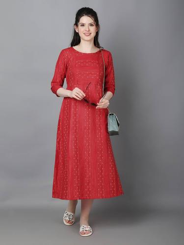 Cotton Maternity Feeding Dress With Zippers For Nursing. (Red Zari)