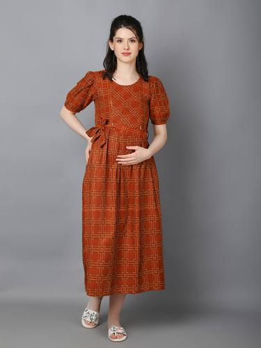 Maternity Feeding Dress With Zippers For Easy Nursing. (Brown)