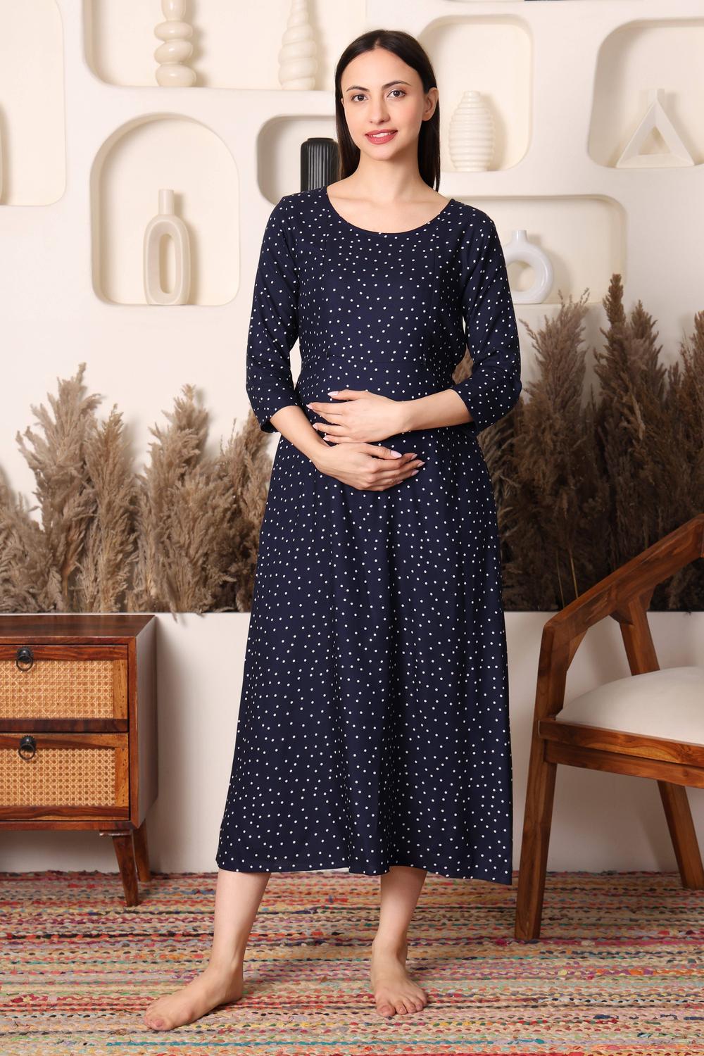 Everyday Essential Maternity & Feeding Dress. (Navy Polka)