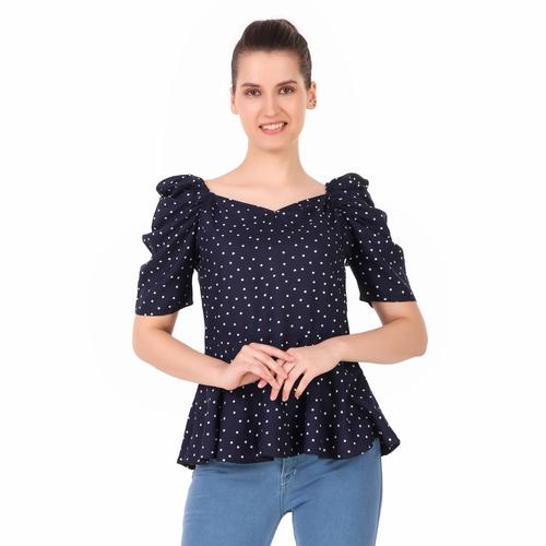 Rayon Polka Summer Peplum Top With Puffed Sleeves. (Navy)