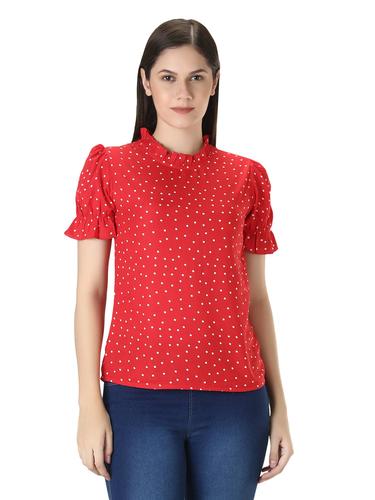 Printed Polkas Rayon Ruffle Sleeve Summer Top. (Red)