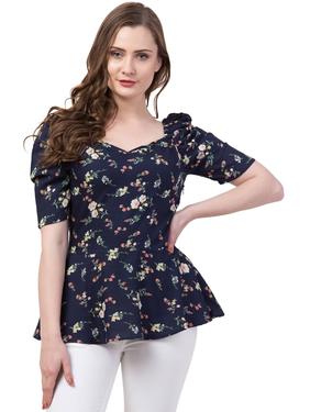 Rayon Floral Summer Peplum Top With Puffed Sleeves. (Navy Blue)