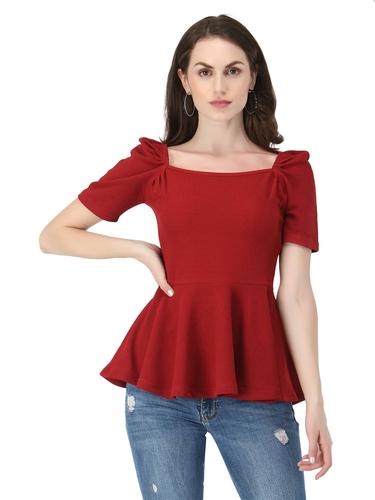 Puffed Sleeves Peplum Top. (Maroon)