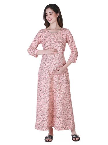 Cotton Rayon Maternity Feeding Dress With Zippers For Nursing. (Pink)