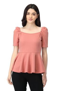 Puffed Sleeves Peplum Top. (Pink)