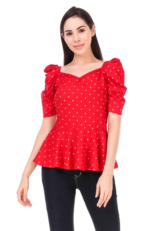 Rayon Polka Summer Peplum Top With Puffed Sleeves. (Red)