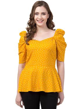 Rayon Polka Summer Peplum Top With Puffed Sleeves. (Mustard)