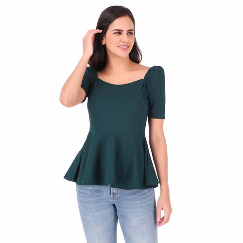 Puffed Sleeves Peplum Top. (Green)