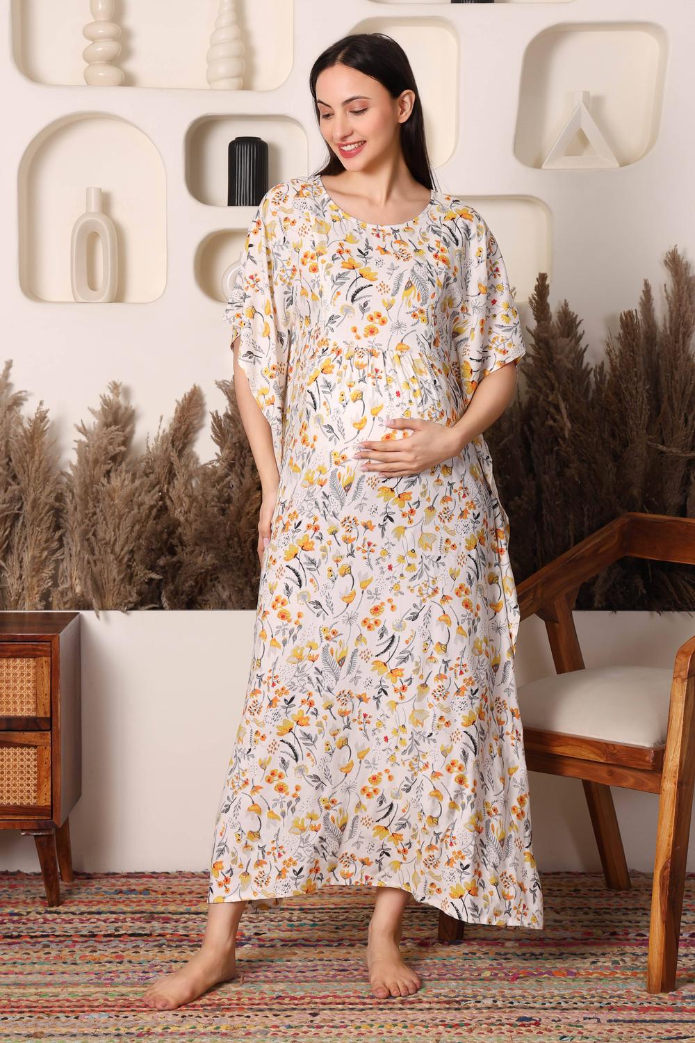 Floral Bloom Cotton Maternity & Nursing Kaftan. (Cream)