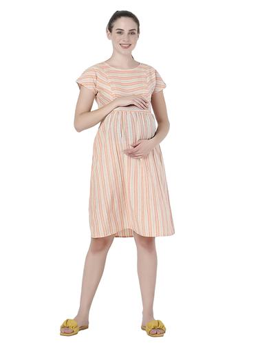 Cotton Striped Maternity Dresses With Zippers For Nursing. (Peach)