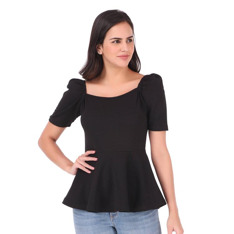 Puffed Sleeves Peplum Top. (Black)