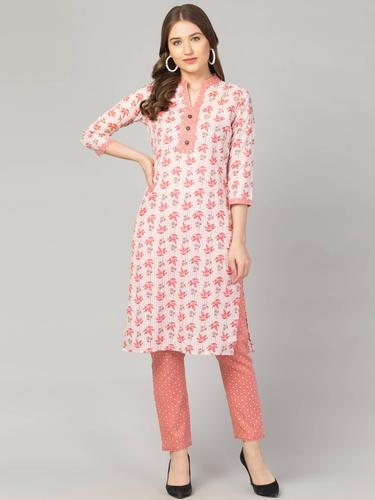 Cotton Printed Collar Kurta Set With Pant (Blush)