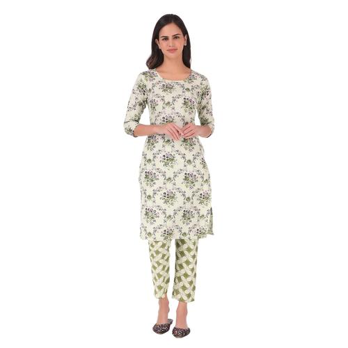 Cotton Printed Round Neck Kurta Set With Pant ( Pista)