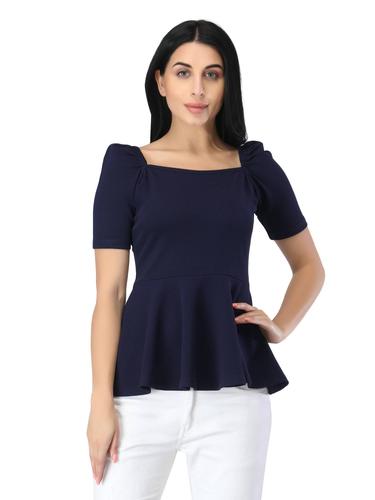 Puffed Sleeves Peplum Top. (Navy Blue)