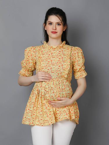 Maternity Feeding Top With Ruffled Neck And Puffed Sleeves. (Lemon)