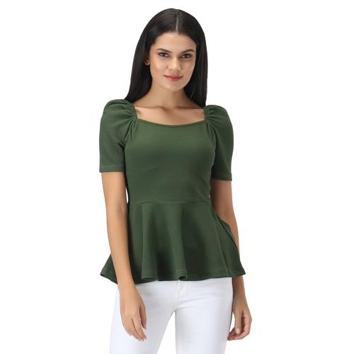 Puffed Sleeves Peplum Top. (Olive)