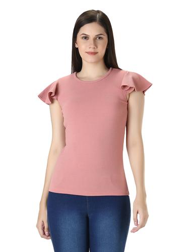 Round Neck Short Flutter Sleeves Top. (Pink)