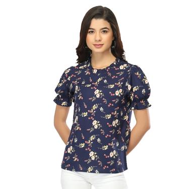 Printed Floral Rayon Ruffle Sleeve Summer Top. (Navy Blue)