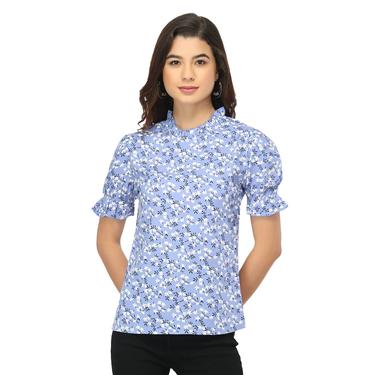 Printed Floral Rayon Ruffle Sleeve Summer Top. (Sky Blue)