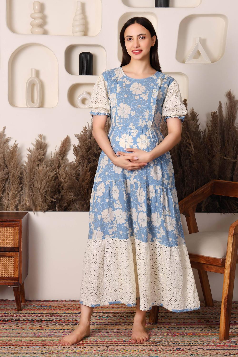 Schiffli Bloom Seamless Maternity Dress. (Blue)